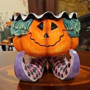 Jack-o'-lantern Candy Bowl w/Glittered Purple & Black Checkered Harlequin Boots